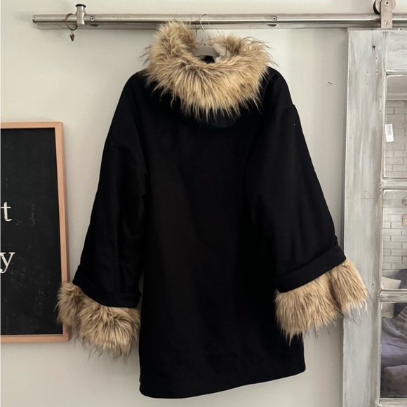 Black Oversized Sherpa Lined Parka Coat Faux Fur Hood & Cuffs - Picture 5 of 9